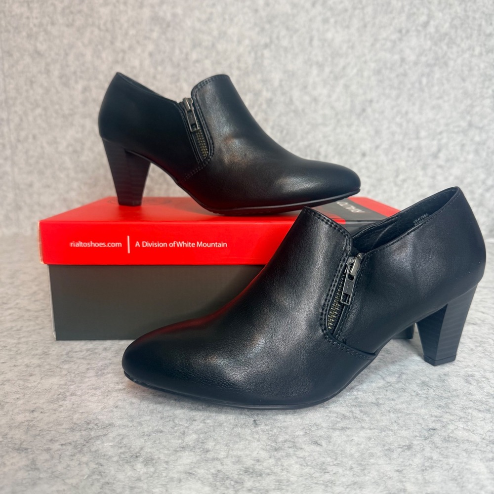 Rialto Sarina Ankle Boots Women 9.5 Black Smooth Block Heel Side Zip Booties NEW